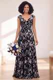 Black Silver Flower Velvet Ruched Long Bridesmaid Dress with Cap Sleeves