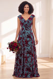 Black Silver Flower Velvet Ruched Long Bridesmaid Dress with Cap Sleeves