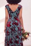Black Silver Flower Velvet Ruched Long Bridesmaid Dress with Cap Sleeves