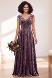 Black Silver Flower Velvet Ruched Long Bridesmaid Dress with Cap Sleeves