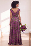 Black Silver Flower Velvet Ruched Long Bridesmaid Dress with Cap Sleeves