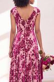 Black Silver Flower Velvet Ruched Long Bridesmaid Dress with Cap Sleeves