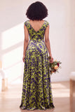 Black Silver Flower Velvet Ruched Long Bridesmaid Dress with Cap Sleeves