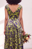 Black Silver Flower Velvet Ruched Long Bridesmaid Dress with Cap Sleeves