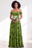 Off The Shoulder Fuchsia Floral Velvet A-Line Long Bridesmaid Dress