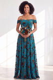 Off The Shoulder Fuchsia Floral Velvet A-Line Long Bridesmaid Dress