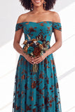 Off The Shoulder Fuchsia Floral Velvet A-Line Long Bridesmaid Dress