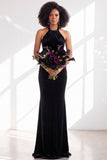 Black Halter Neck Velvet Mermaid Ruched Backless Long Bridesmaid Dress