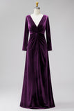 Dark Green Velvet Ruched V-Neck A-Line Long Mother Of the Bride Dress with Long Sleeves