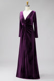 Dark Green Velvet Ruched V-Neck A-Line Long Mother Of the Bride Dress with Long Sleeves