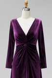 Dark Green Velvet Ruched V-Neck A-Line Long Mother Of the Bride Dress with Long Sleeves
