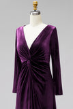 Dark Green Velvet Ruched V-Neck A-Line Long Mother Of the Bride Dress with Long Sleeves
