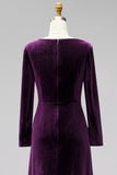 Dark Green Velvet Ruched V-Neck A-Line Long Mother Of the Bride Dress with Long Sleeves