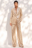 Champagne Sequins Pantsuits Shawl Lapel Long Women Suits
