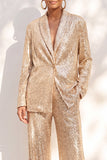 Champagne Sequins Pantsuits Shawl Lapel Long Women Suits