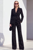 Vintage Black Floral Printed Peak Lapel Long Women Suits