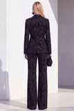 Vintage Black Floral Printed Peak Lapel Long Women Suits