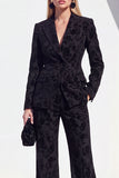Vintage Black Floral Printed Peak Lapel Long Women Suits