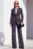 Vintage Black Floral Printed Peak Lapel Long Women Suits