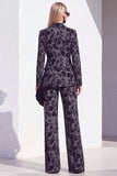 Vintage Black Floral Printed Peak Lapel Long Women Suits