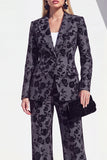 Vintage Black Floral Printed Peak Lapel Long Women Suits