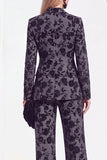 Vintage Black Floral Printed Peak Lapel Long Women Suits