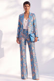 Blue Floral Print Notched Lapel Long Women Suits