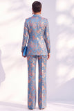 Blue Floral Print Notched Lapel Long Women Suits