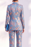 Blue Floral Print Notched Lapel Long Women Suits