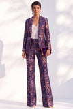 Blue Floral Print Notched Lapel Long Women Suits