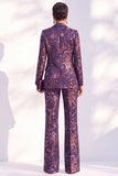 Blue Floral Print Notched Lapel Long Women Suits