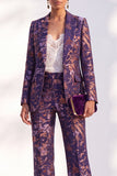 Blue Floral Print Notched Lapel Long Women Suits