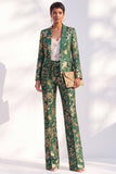 Blue Floral Print Notched Lapel Long Women Suits