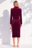 Burgundy Velvet Bodycon Notched Lapel Long Sleeves Midi Women Suits