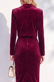 Burgundy Velvet Bodycon Notched Lapel Long Sleeves Midi Women Suits