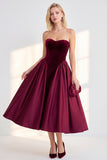 Burgundy Corset Strapless A-Line Tea-Length Velvet Dress