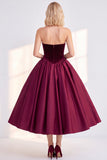 Burgundy Corset Strapless A-Line Tea-Length Velvet Dress