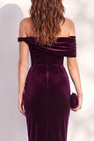 Burgundy Bodycon Off the Shoulder Midi Velvet Cocktail Dress