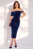 Burgundy Bodycon Off the Shoulder Midi Velvet Cocktail Dress