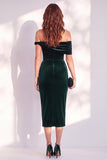 Burgundy Bodycon Off the Shoulder Midi Velvet Cocktail Dress