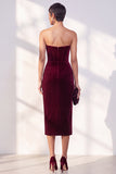 Burgundy Corset Sheath Strapless Velvet Dress