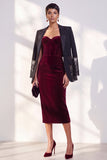 Burgundy Corset Sheath Strapless Velvet Dress