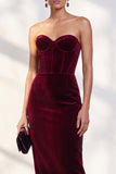 Burgundy Corset Sheath Strapless Velvet Dress