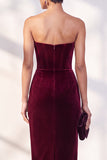 Burgundy Corset Sheath Strapless Velvet Dress