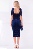 Dark Blue Bodycon Square Neck Bow-Strap Ruched Midi Velvet Dress