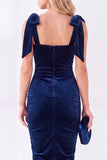 Dark Blue Bodycon Square Neck Bow-Strap Ruched Midi Velvet Dress