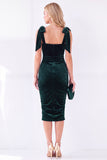 Dark Blue Bodycon Square Neck Bow-Strap Ruched Midi Velvet Dress
