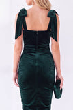 Dark Blue Bodycon Square Neck Bow-Strap Ruched Midi Velvet Dress