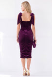 Dark Blue Bodycon Square Neck Bow-Strap Ruched Midi Velvet Dress