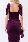 Dark Blue Bodycon Square Neck Bow-Strap Ruched Midi Velvet Dress